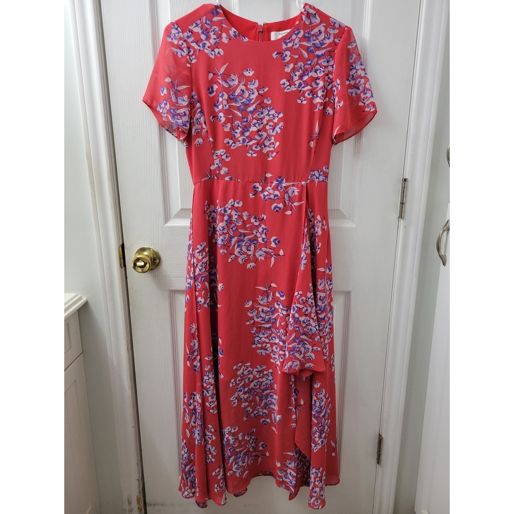 Saunders Collective Chiffon Red Floral Midi Dress Short Sleeve Size 4